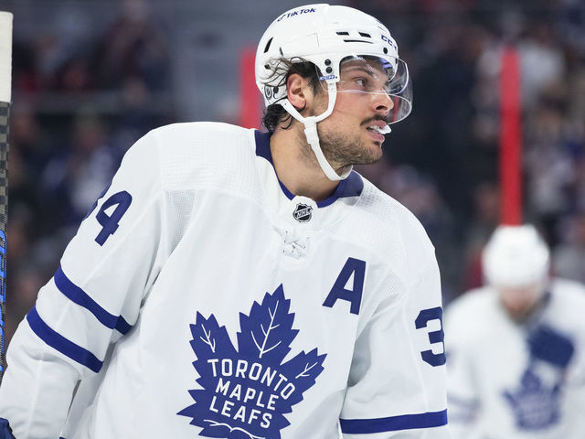 OTTAWA, ON - APRIL 16: Toronto Maple Leafs Center Auston Matthews (34) after a whistle during second period National Hockey League action between the Toronto Maple Leafs and Ottawa Senators on April 16, 2022, at Canadian Tire Centre in Ottawa, ON, Canada.
