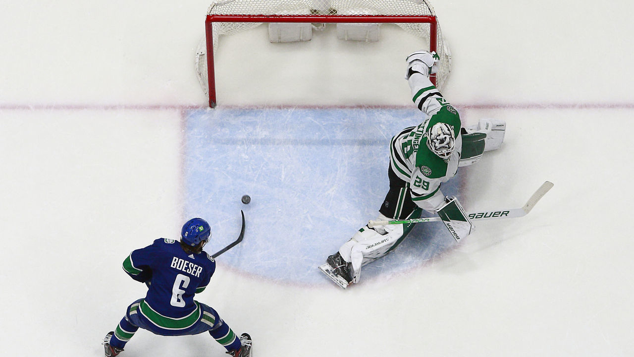 VANCOUVER, BC - APRIL 18: Brock Boeser #6 of the Vancouver Canucks scores on Jake Oettinger #29 of the Dallas Stars during their NHL game at Rogers Arena April 18, 2022 in Vancouver, British Columbia, Canada. Vancouver won 6-2.
