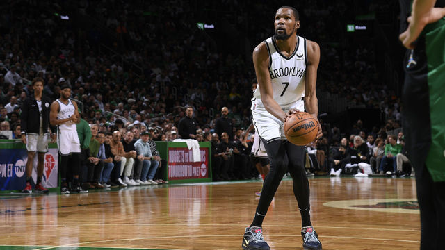 BOSTON, MA - APRIL 17: Kevin Durant #7 of the Brooklyn Nets shoots a free throw against the Boston Celtics during Round 1 Game 1 of the 2022 NBA Playoffs on April 17, 2022 at the TD Garden in Boston, Massachusetts. Mandatory Copyright Notice: Copyright 2022 NBAE