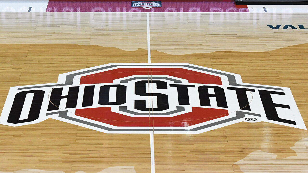 COLUMBUS, OH - NOVEMBER 13: The Ohio State Buckeyes logo on the floor a college basketball game against the Villanova Wildcats at the Value City Arena on November 13, 2019 in Columbus, Ohio.