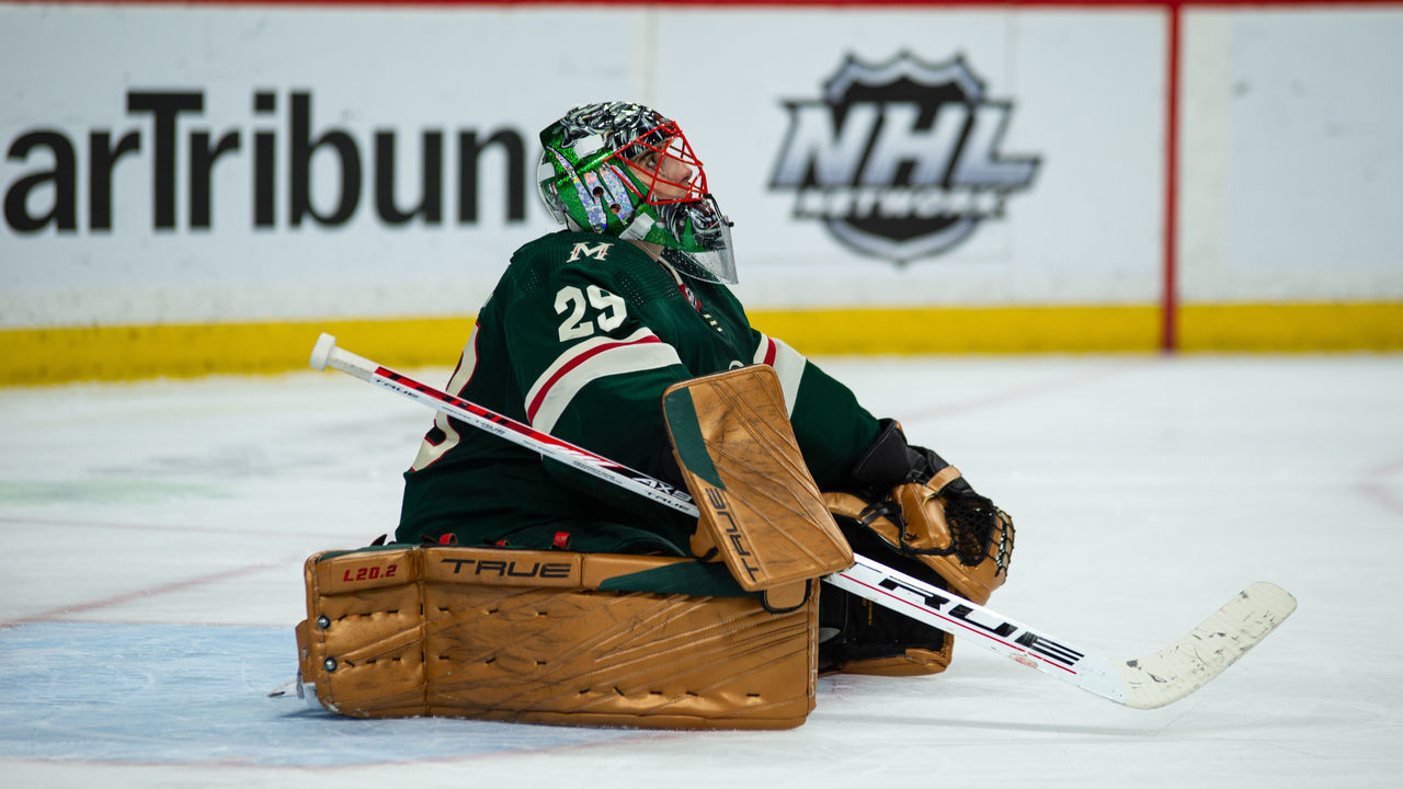 MINNEAPOLIS, MN - APRIL 10: Minnesota Wild Goalie Marc-Andre Fleury (29) stretches during the NHL game between the Los Angeles Kings and the Minnesota Wild on April 10th, 2022, at the Xcel Energy Center in St. Paul, MN.