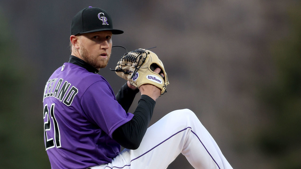 DENVER, COLORADO - APRIL 14: Starting pitcher Kyle Freeland #21 of the Colorado Rockies throws against the Chicago Cubs in the first inning at Coors Field on April 14, 2022 in Denver, Colorado.