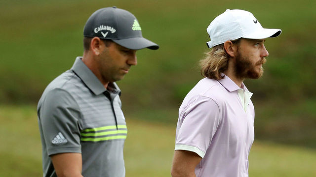 AVONDALE, LOUISIANA - APRIL 25: Sergio Garcia of Spain and Tommy Fleetwood of England talk as they walk on the 15th hole during the first round of the Zurich Classic at TPC Louisiana on April 25, 2019 in Avondale, Louisiana.
