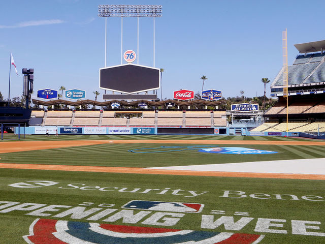 LOS ANGELES, CA - APRIL 15: A general view of the Opening Week logo on the field prior to the game between the Cincinnati Reds and the Los Angeles Dodgers at Dodgers Stadium on Friday, April 15, 2022 in Los Angeles, California.