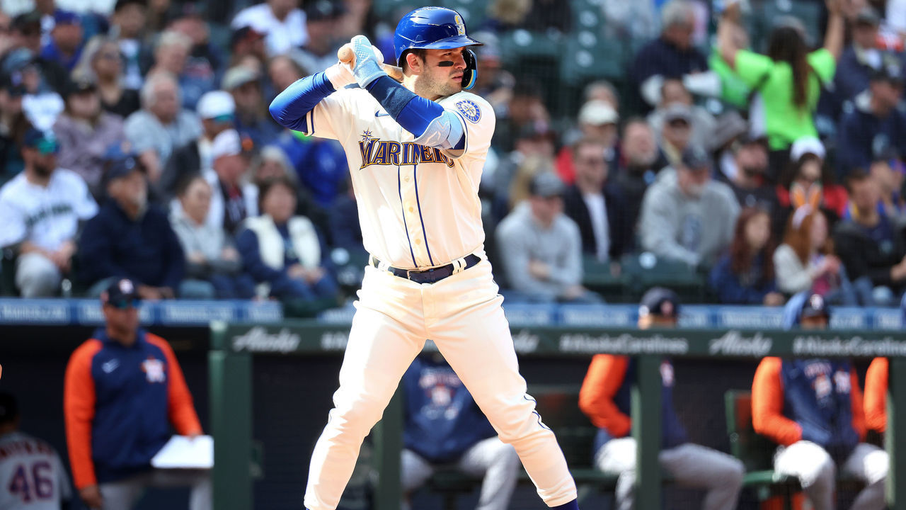 SEATTLE, WASHINGTON - APRIL 17: Luis Torrens #22 of the Seattle Mariners at bat against the Houston Astros during the seventh inning at T-Mobile Park on April 17, 2022 in Seattle, Washington.