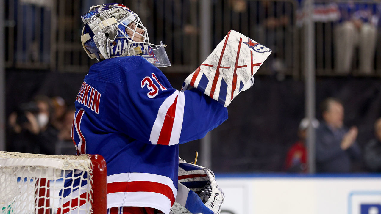 NEW YORK, NEW YORK - APRIL 19: Igor Shesterkin #31 of the New York Rangers celebrates the win after the third period aWinnipeg Jets at Madison Square Garden on April 19, 2022 in New York City. The New York Rangers defeated the Winnipeg Jets 3-0.