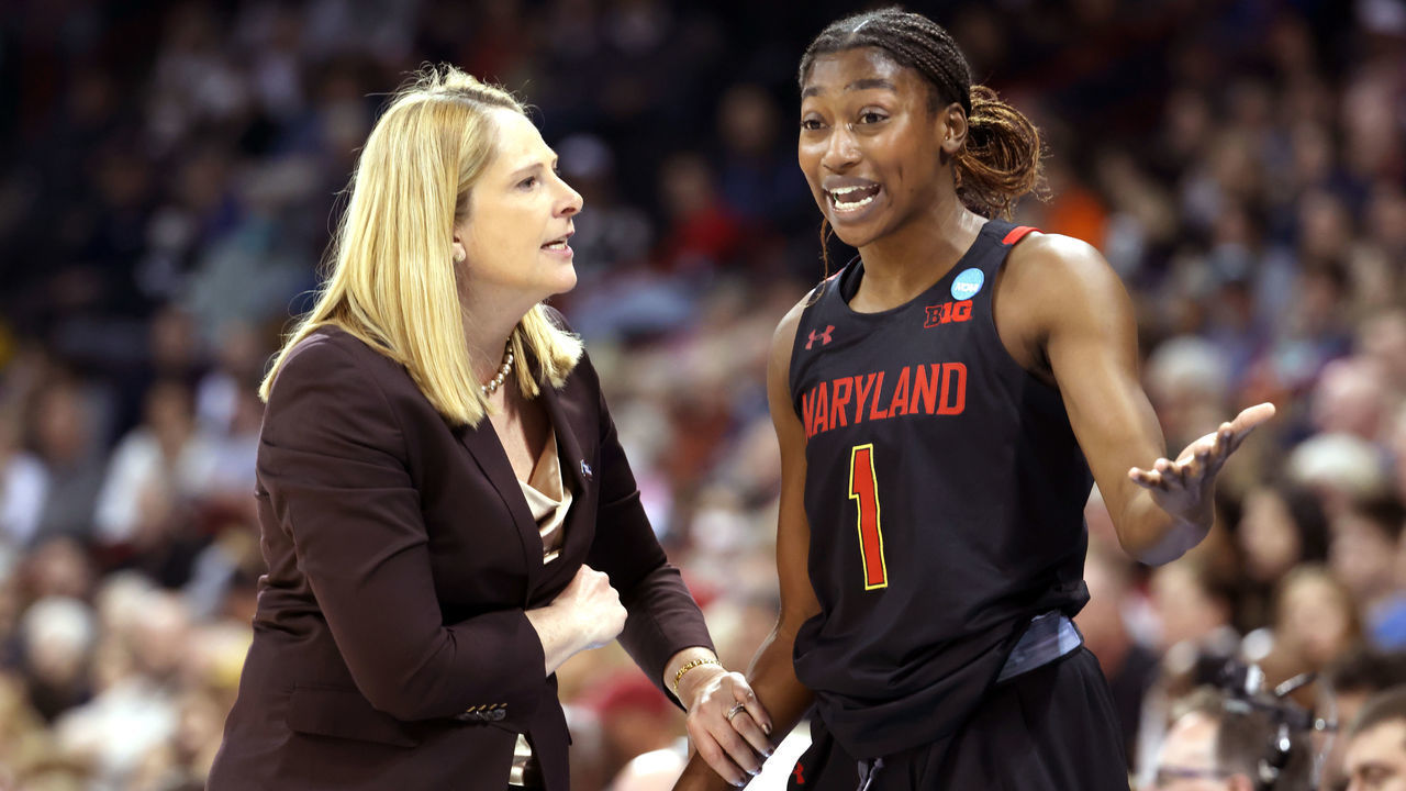 SPOKANE, WASHINGTON - MARCH 25: Head coach Brenda Frese of the Maryland Terrapins and Diamond Miller #1 react against the Stanford Cardinal during the second half during the Sweet Sixteen round of the NCAA Women's Basketball Tournament at Spokane Veterans Memorial Arena on March 25, 2022 in Spokane, Washington.