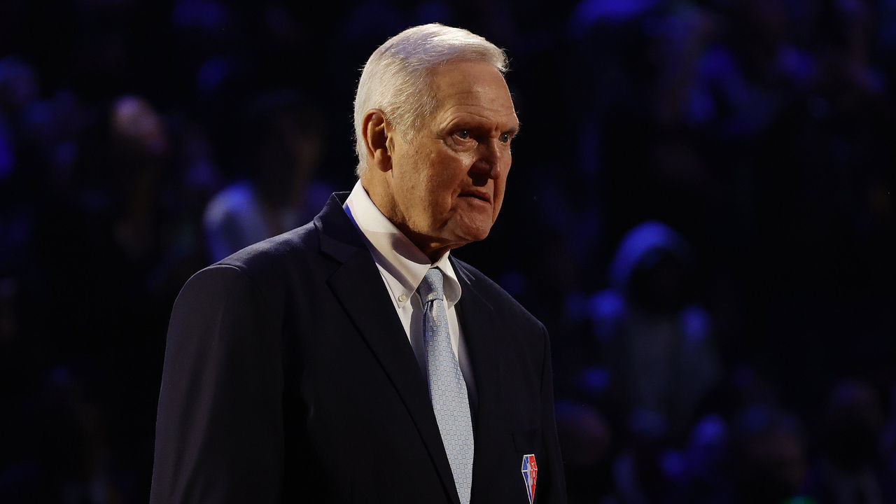 CLEVELAND, OHIO - FEBRUARY 20: Jerry West reacts after being introduced as part of the NBA 75th Anniversary Team during the 2022 NBA All-Star Game at Rocket Mortgage Fieldhouse on February 20, 2022 in Cleveland, Ohio.