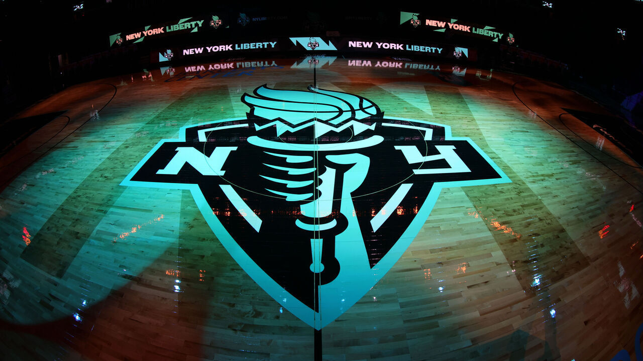 BROOKLYN, NY - MAY 14: A close up shot of the New York Liberty logo before the game against the Indiana Fever on May 14, 2021 at Barclays Center in Brooklyn, New York. Mandatory Copyright Notice: Copyright 2021 NBAE