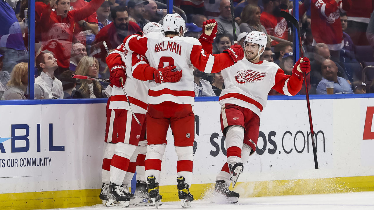 TAMPA, FL - APRIL 19: The Detroit Red Wings celebrate a goal by Jakub Vrana #15 against the Tampa Bay Lightning during the third period at Amalie Arena on April 19, 2022 in Tampa, Florida.