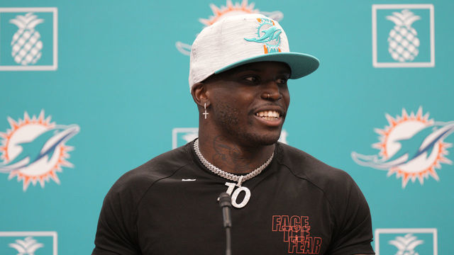 MIAMI GARDENS, FLORIDA - MARCH 24: Tyreek Hill speaks with the media after being introduced by the Miami Dolphins at Baptist Health Training Complex on March 24, 2022 in Miami Gardens, Florida.