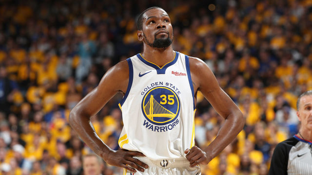 OAKLAND, CA - MAY 8: Kevin Durant #35 of the Golden State Warriors looks on against the Houston Rockets during Game Five of the Western Conference Semifinals of the 2019 NBA Playoffs on May 8, 2019 at ORACLE Arena in Oakland, California. NOTE TO USER: User expressly acknowledges and agrees that, by downloading and/or using this photograph, user is consenting to the terms and conditions of Getty Images License Agreement. Mandatory Copyright Notice: Copyright 2019 NBAE