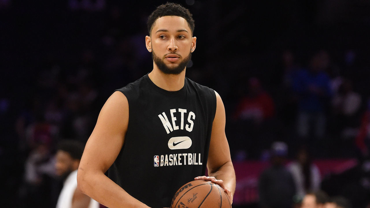 PHILADELPHIA, PA - MARCH 10: Ben Simmons #10 of the Brooklyn Nets warms up prior to the game against the Philadelphia 76ers on March 10, 2022 at the Wells Fargo Center in Philadelphia, Pennsylvania NOTE TO USER: User expressly acknowledges and agrees that, by downloading and/or using this Photograph, user is consenting to the terms and conditions of the Getty Images License Agreement. Mandatory Copyright Notice: Copyright 2022 NBAE