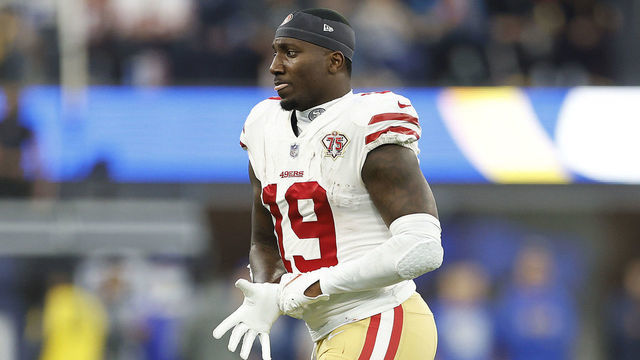 INGLEWOOD, CALIFORNIA - JANUARY 30: Deebo Samuel #19 of the San Francisco 49ers leaves the field after being hit after a catch in the second quarter against the Los Angeles Rams in the NFC Championship Game at SoFi Stadium on January 30, 2022 in Inglewood, California.