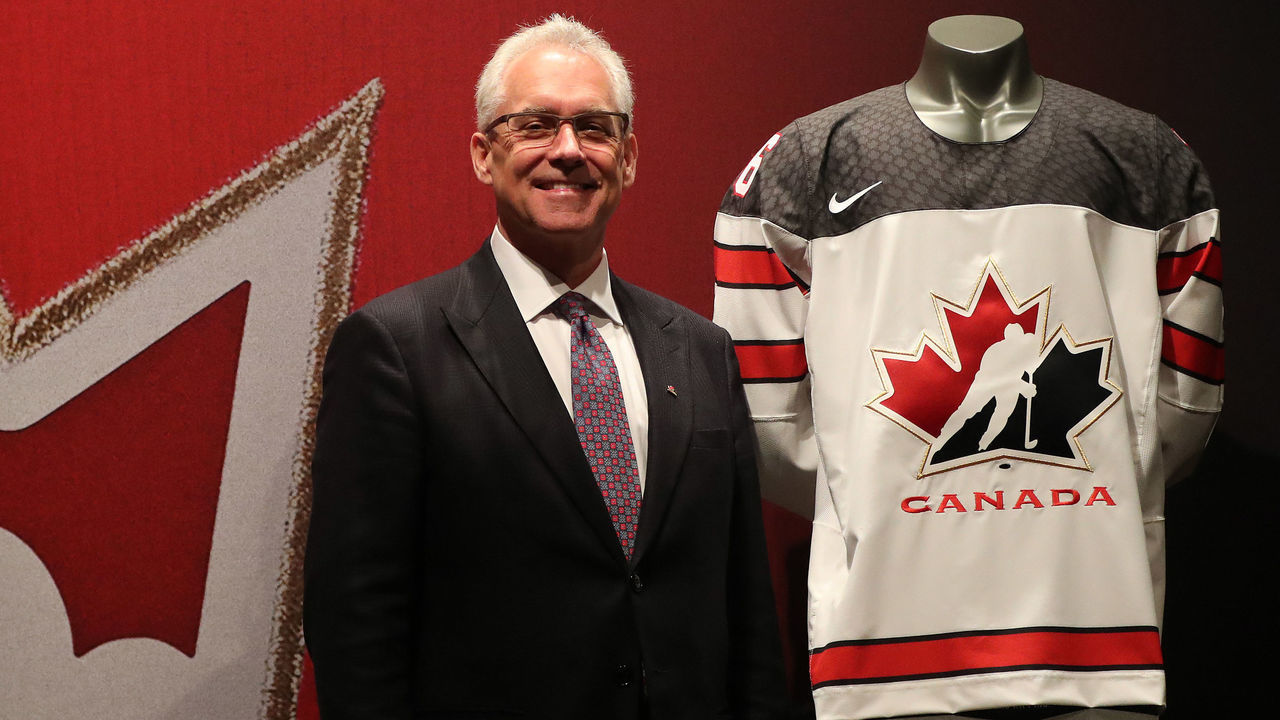 TORONTO, ON- AUGUST 2 - Head of Hockey Canada Thomas "Tom" Renney shows off the new Team Canada Jersey. Rows of Maple Leaf icons fill the jersey's shoulder caps. The jersey also sports the Canada 150 logo. The Jersey is made with ripstop fabric to resist ripping. Nike unveils a new hockey jersey design for the National Team programs leading into the World Cup of Hockey in Toronto. August 2, 2016. (Steve Russell/Toronto Star via Getty Images)