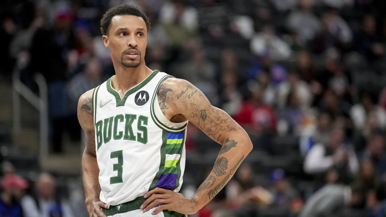 DETROIT, MICHIGAN - APRIL 08: George Hill #3 of the Milwaukee Bucks looks on against the Detroit Pistons during the first quarter at Little Caesars Arena on April 08, 2022 in Detroit, Michigan.