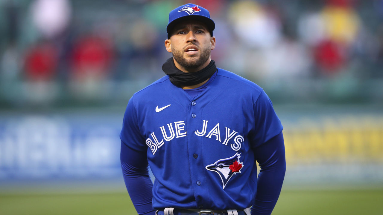 BOSTON, MA - APRIL 19: George Springer #4 of the Toronto Blue Jays looks on before a game against the Boston Red Sox at Fenway Park on April 19, 2022 in Boston, Massachusetts.