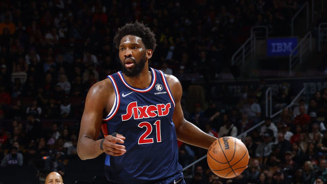 TORONTO, CANADA - APRIL 20: Joel Embiid #21 of the Philadelphia 76ers dribbles the ball against the Toronto Raptors during Round 1 Game 3 of the 2022 NBA Playoffs on April 20, 2022 at the Scotiabank Arena in Toronto, Ontario, Canada. Mandatory Copyright Notice: Copyright 2022 NBAE