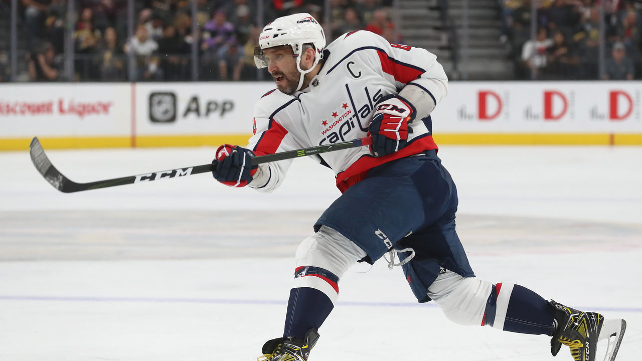 LAS VEGAS, NEVADA - APRIL 20: Alex Ovechkin #8 of the Washington Capitals shoots the puck during the first period of a game against the Vegas Golden Knights at T-Mobile Arena on April 20, 2022 in Las Vegas, Nevada.