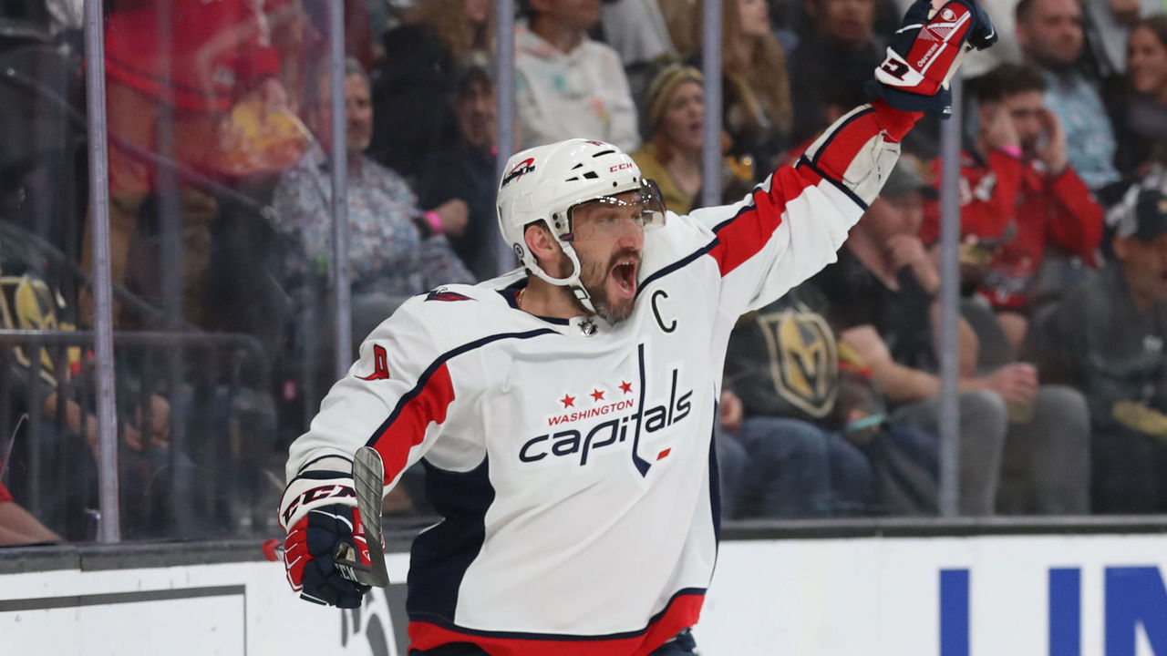 LAS VEGAS, NEVADA - APRIL 20: Alex Ovechkin #8 of the Washington Capitals celebrates after scoring his 50th goal of the season during the third period of a game against the Vegas Golden Knights at T-Mobile Arena on April 20, 2022 in Las Vegas, Nevada.