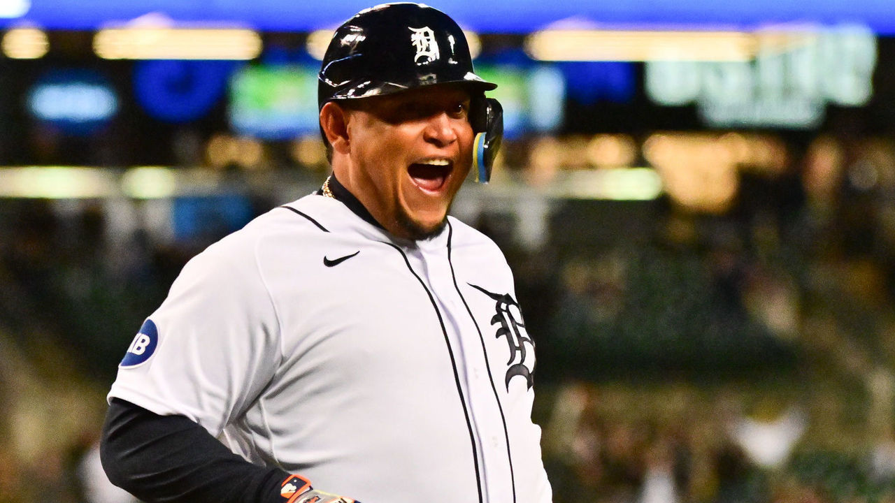 DETROIT, MI - APRIL 20: Detroit Tigers first baseman Miguel Cabrera (24) celebrates scoring the tying run in the bottom of the sixth inning during the Detroit Tigers versus the New York Yankees game on Wednesday April 20, 2022 at Comerica Park in Detroit, MI.
