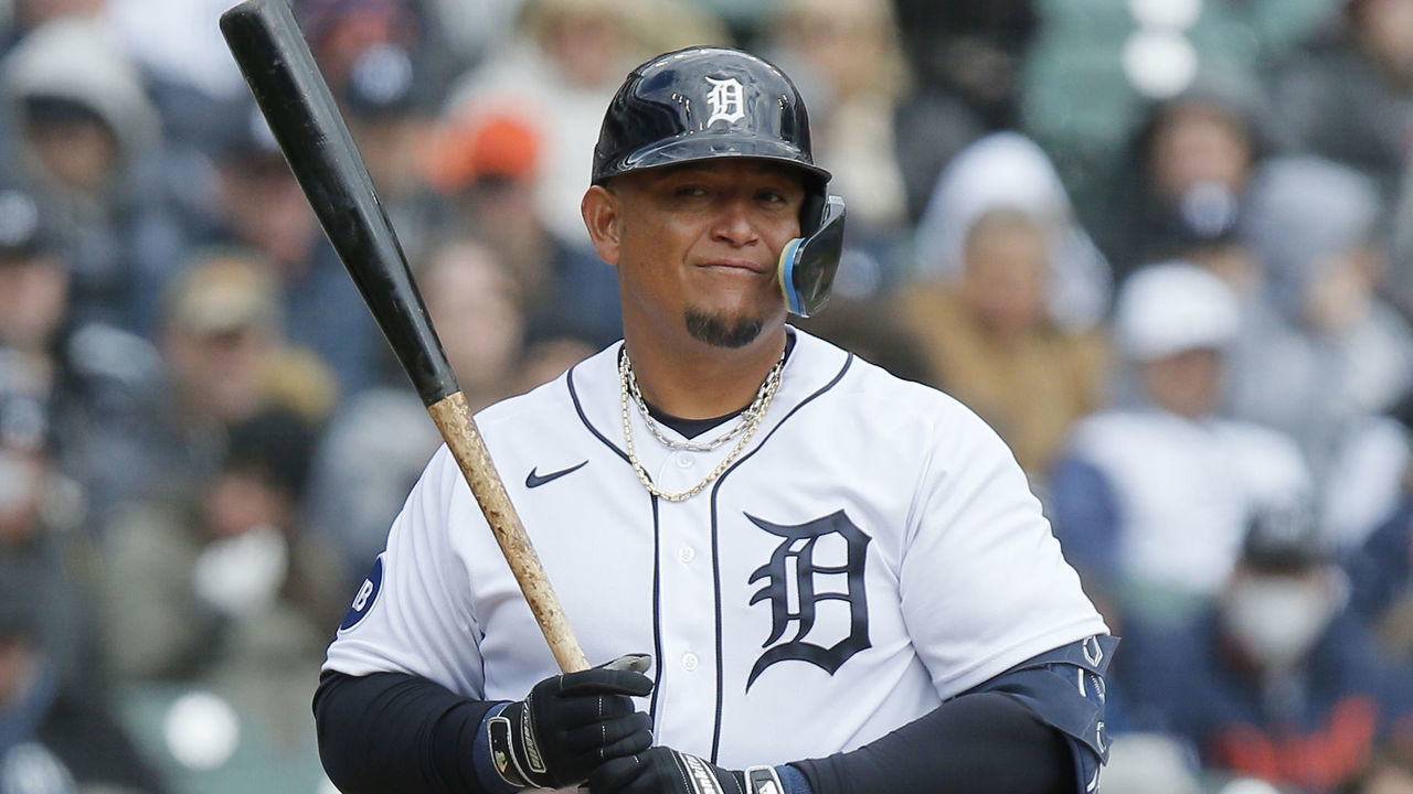DETROIT, MI - April 8: Miguel Cabrera #24 of the Detroit Tigers bats against the Chicago White Sox during the second inning of Opening Day at Comerica Park on April 8, 2022, in Detroit, Michigan.