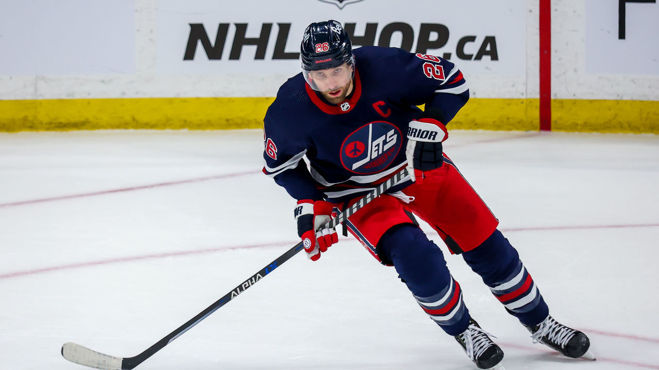 WINNIPEG, MB - MARCH 15: Blake Wheeler #26 of the Winnipeg Jets keeps an eye on the play during second period action against the Vegas Golden Knights at Canada Life Centre on March 15, 2022 in Winnipeg, Manitoba, Canada.