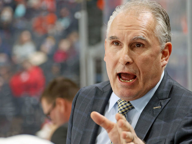 PHILADELPHIA, PA - FEBRUARY 22: Head Coach of the St Louis Blues Craig Berube speaks to players on his bench during the first period of his game against the Philadelphia Flyers at the Wells Fargo Center on February 22, 2022 in Philadelphia, Pennsylvania.