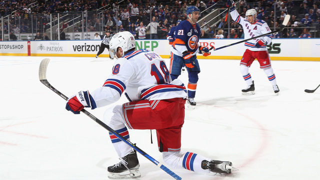 ELMONT, NEW YORK - APRIL 21: Andrew Copp #18 of the New York Rangers celebrates his goal at 7:48 of the first period against the New York Islanders at the UBS Arena on April 21, 2022 in Elmont, New York.
