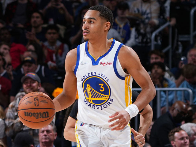 DENVER, CO - APRIL 21: Jordan Poole #3 of the Golden State Warriors dribbles the ball against the Denver Nuggets during Round 1 Game 3 of the 2022 NBA Playoffs on April 21, 2022 at the Ball Arena in Denver, Colorado. NOTE TO USER: User expressly acknowledges and agrees that, by downloading and/or using this Photograph, user is consenting to the terms and conditions of the Getty Images License Agreement. Mandatory Copyright Notice: Copyright 2022 NBAE