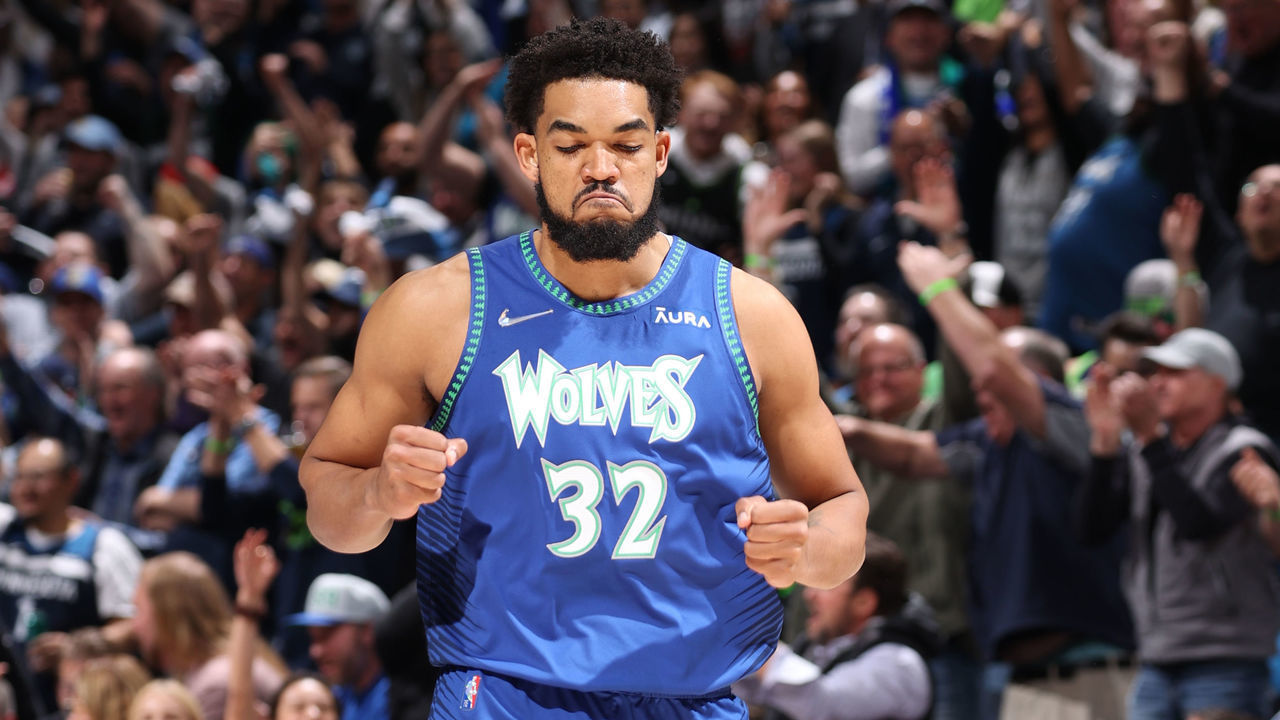 MINNEAPOLIS, MN - APRIL 21: Karl-Anthony Towns #32 of the Minnesota Timberwolves celebrates during Round 1 Game 3 of the 2022 NBA Playoffs on April 21, 2022 at Target Center in Minneapolis, Minnesota. Mandatory Copyright Notice: Copyright 2022 NBAE
