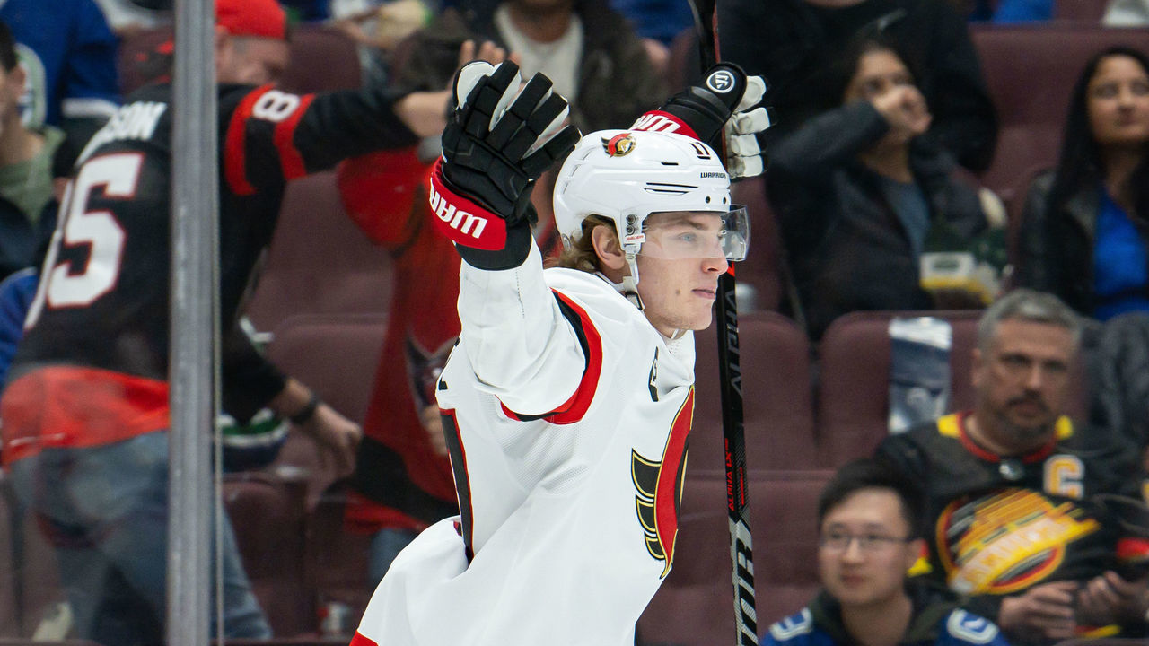 VANCOUVER, BC - APRIL 19: Ottawa Senators center Adam Gaudette (17) celebrates after scoring a goal in the shootout against the Vancouver Canucks during their NHL game at Rogers Arena on April 19, 2022 in Vancouver, British Columbia, Canada.