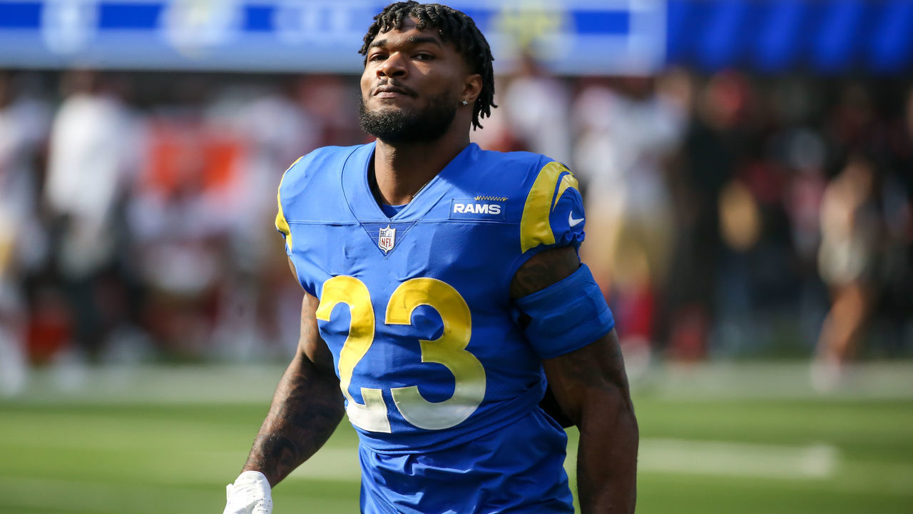 INGLEWOOD, CA - JANUARY 09: Los Angeles Rams running back Cam Akers #23 during an NFL game between the San Francisco 49ers and the Los Angeles Rams on January 9, 2022, at SoFi Stadium in Inglewood, CA.