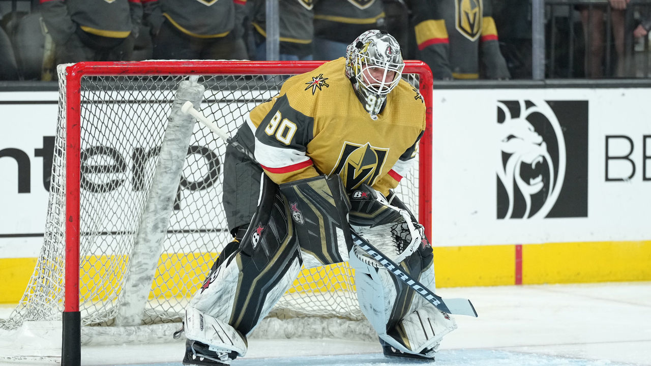 LAS VEGAS, NEVADA - APRIL 20: Robin Lehner #90 of the Vegas Golden Knights warms up prior to a game against the Washington Capitals at T-Mobile Arena on April 20, 2022 in Las Vegas, Nevada.