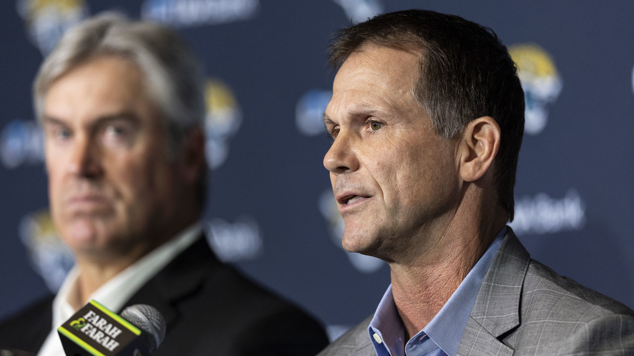 JACKSONVILLE, FLORIDA - FEBRUARY 05: Trent Baalke, General Manager of the Jacksonville Jaguars, speaks to the media during a press conference introducing Doug Pederson as the new Head Coach of the Jacksonville Jaguars at TIAA Bank Stadium on February 05, 2022 in Jacksonville, Florida.
