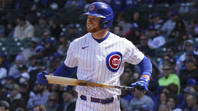 CHICAGO, ILLINOIS - APRIL 10: Clint Frazier #77 of the Chicago Cubs reacts after striking out during the third inning of a game against the Milwaukee Brewers at Wrigley Field on April 10, 2022 in Chicago, Illinois.
