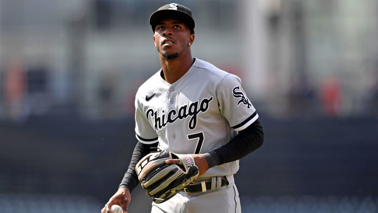 CLEVELAND, OH - APRIL 20, 2022: Tim Anderson #7 of the Chicago White Sox runs off the field after the fourth inning of game one of a doubleheader against the Cleveland Guardians at Progressive Field on April 20, 2022 in Cleveland, Ohio.