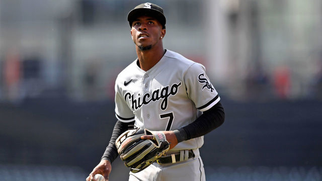 CLEVELAND, OH - APRIL 20, 2022: Tim Anderson #7 of the Chicago White Sox runs off the field after the fourth inning of game one of a doubleheader against the Cleveland Guardians at Progressive Field on April 20, 2022 in Cleveland, Ohio.