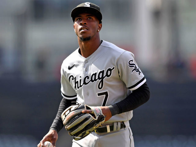 CLEVELAND, OH - APRIL 20, 2022: Tim Anderson #7 of the Chicago White Sox runs off the field after the fourth inning of game one of a doubleheader against the Cleveland Guardians at Progressive Field on April 20, 2022 in Cleveland, Ohio.