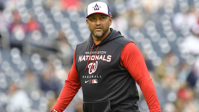 WASHINGTON, DC - APRIL 21: Washington Nationals manager Dave Martinez walks back to the dugout from the pitchers mound during the Arizona Diamondbacks versus Washington Nationals MLB game at Nationals Park on April 21, 2022 in Washington, D.C..