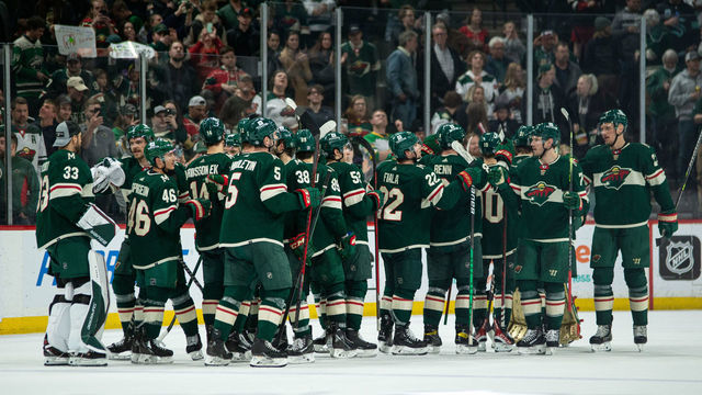 ST. PAUL, MN - APRIL 22: Minnesota Wild celebrate a win during the NHL game between the Seattle Kraken and the Minnesota Wild on April 22nd, 2022, at Xcel Energy Center in St. Paul, MN.(