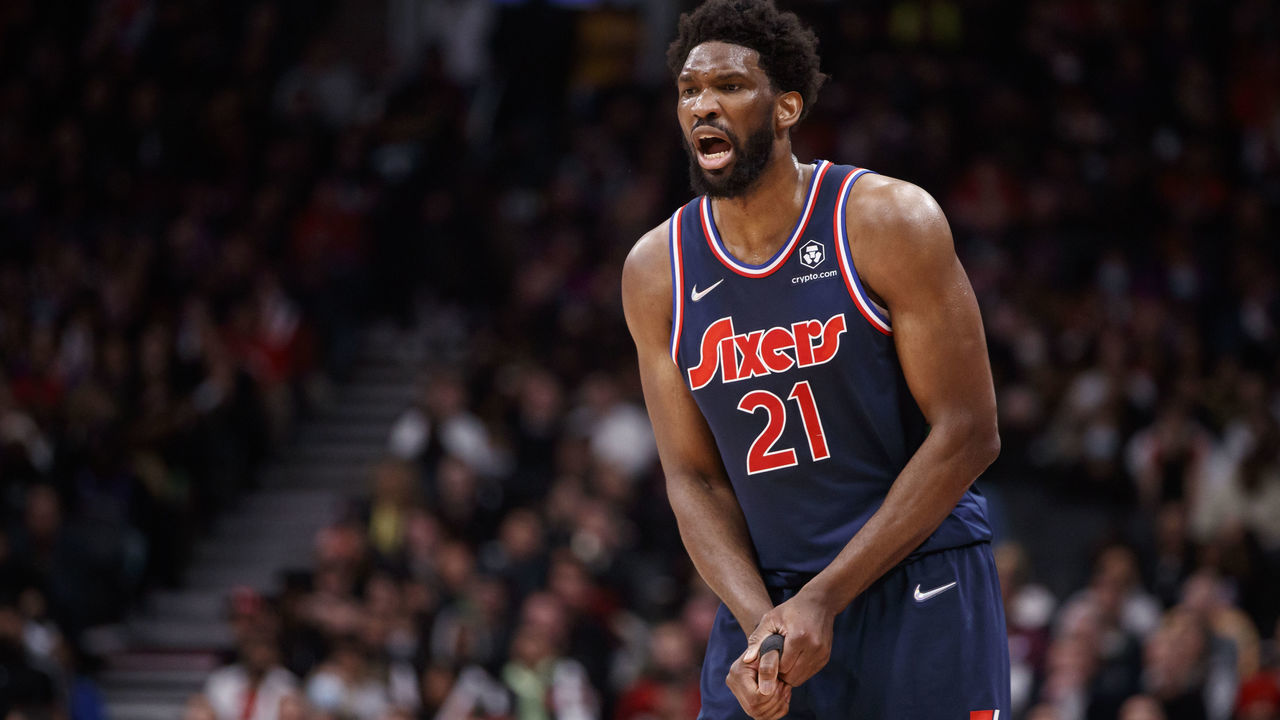 TORONTO, ON - APRIL 20: Joel Embiid #21 of the Philadelphia 76ers holds his thumb in the second half of Game Three of the Eastern Conference First Round against the Toronto Raptors at Scotiabank Arena on April 20, 2022 in Toronto, Canada.