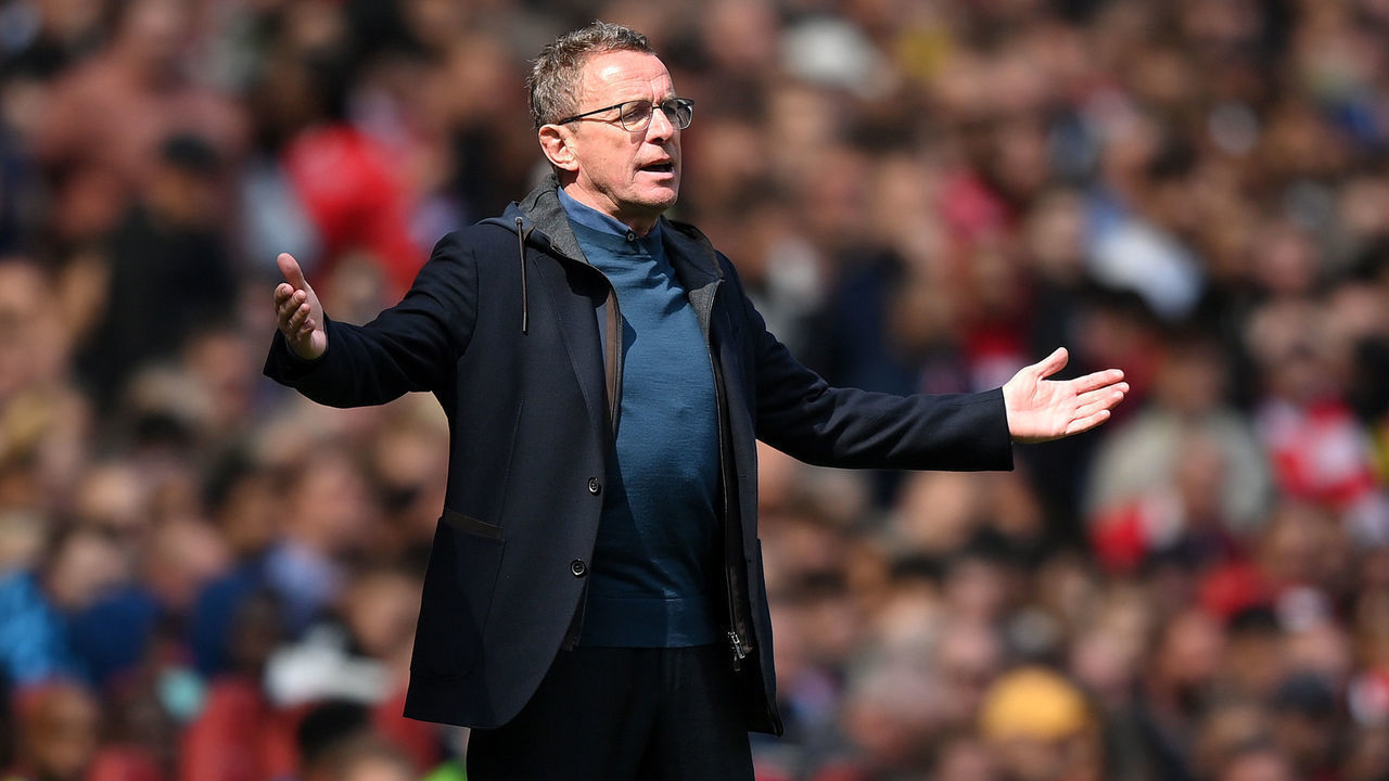 LONDON, ENGLAND - APRIL 23: Interim Manager Ralf Rangnick of Manchester United watches from the touchline during the Premier League match between Arsenal and Manchester United at Emirates Stadium on April 23, 2022 in London, England.
