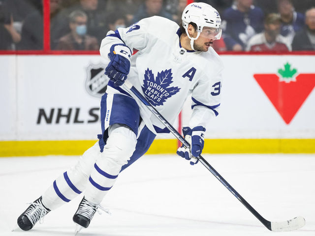 OTTAWA, ON - APRIL 16: Toronto Maple Leafs Center Auston Matthews (34) skates during first period National Hockey League action between the Toronto Maple Leafs and Ottawa Senators on April 16, 2022, at Canadian Tire Centre in Ottawa, ON, Canada.