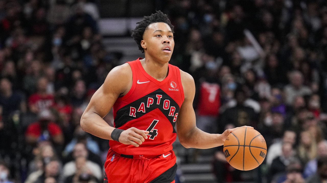 TORONTO, ON - APRIL 7: Scottie Barnes #4 of the Toronto Raptors dribbles against the Philadelphia 76ers during the second half of their basketball game at the Scotiabank Arena on April 7, 2022 in Toronto, Ontario, Canada. NOTE TO USER: User expressly acknowledges and agrees that, by downloading and/or using this Photograph, user is consenting to the terms and conditions of the Getty Images License Agreement.