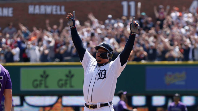 DETROIT, MICHIGAN - APRIL 23: Miguel Cabrera #24 of the Detroit Tigers celebrates after hitting a single, the 3000th hit of his career, during the first inning in Game One of a doubleheader against the Colorado Rockies at Comerica Park on April 23, 2022 in Detroit, Michigan.
