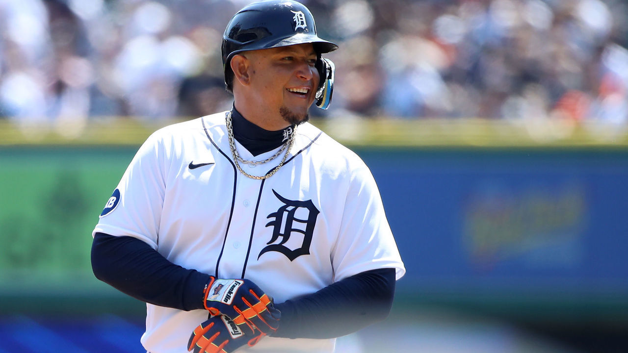 DETROIT, MICHIGAN - APRIL 23: Miguel Cabrera #24 of the Detroit Tigers looks on after he hit a single, the 3000th hit of his career, during the first inning in Game One of a doubleheader against the Colorado Rockies at Comerica Park on April 23, 2022 in Detroit, Michigan.