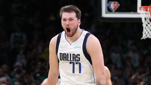 BOSTON, MA - MARCH 13: Luka Doncic #77 of the Dallas Mavericks celebrates during the game against the Boston Celtics on March 13, 2022 at the TD Garden in Boston, Massachusetts. Mandatory Copyright Notice: Copyright 2022 NBAE
