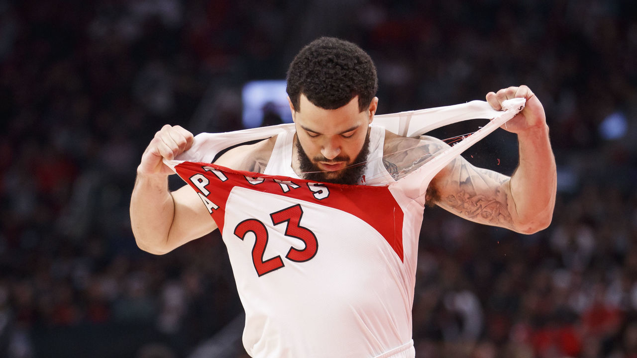TORONTO, ON - APRIL 23: Fred VanVleet #23 of the Toronto Raptors rips his jersey during the first half of Game Four of the Eastern Conference First Round against the Philadelphia 76ers at Scotiabank Arena on April 23, 2022 in Toronto, Canada.