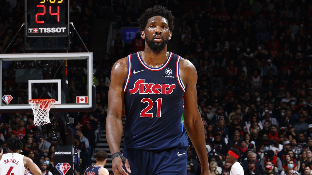 TORONTO, CANADA - APRIL 23: Joel Embiid #21 of the Philadelphia 76ers looks on during Round 1 Game 4 of the 2022 NBA Playoffs against Toronto Raptors on April 23, 2022 at the Scotiabank Arena in Toronto, Ontario, Canada. Mandatory Copyright Notice: Copyright 2022 NBAE